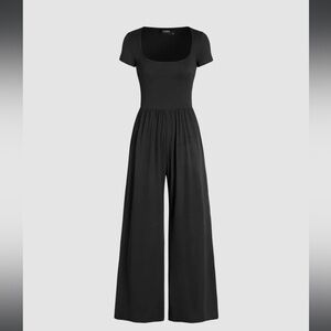CIDER SCOOP NECK SHORT SLEEVE WIDE LEG RIBBED JUMPSUIT SZ M BLACK W/ POCKETS